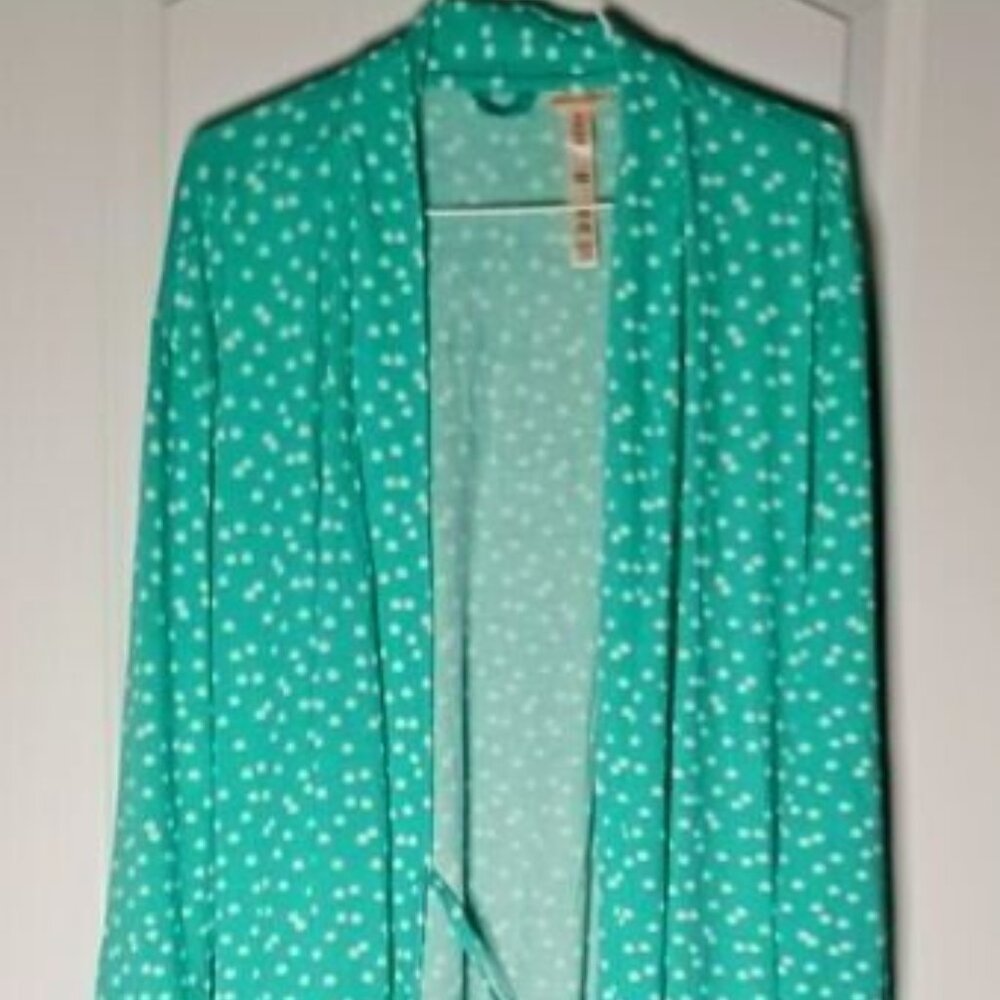 Ahh by Rhonda Shear Tie Front Lace Trim Short Robe Sz L seafoam green/ white dot